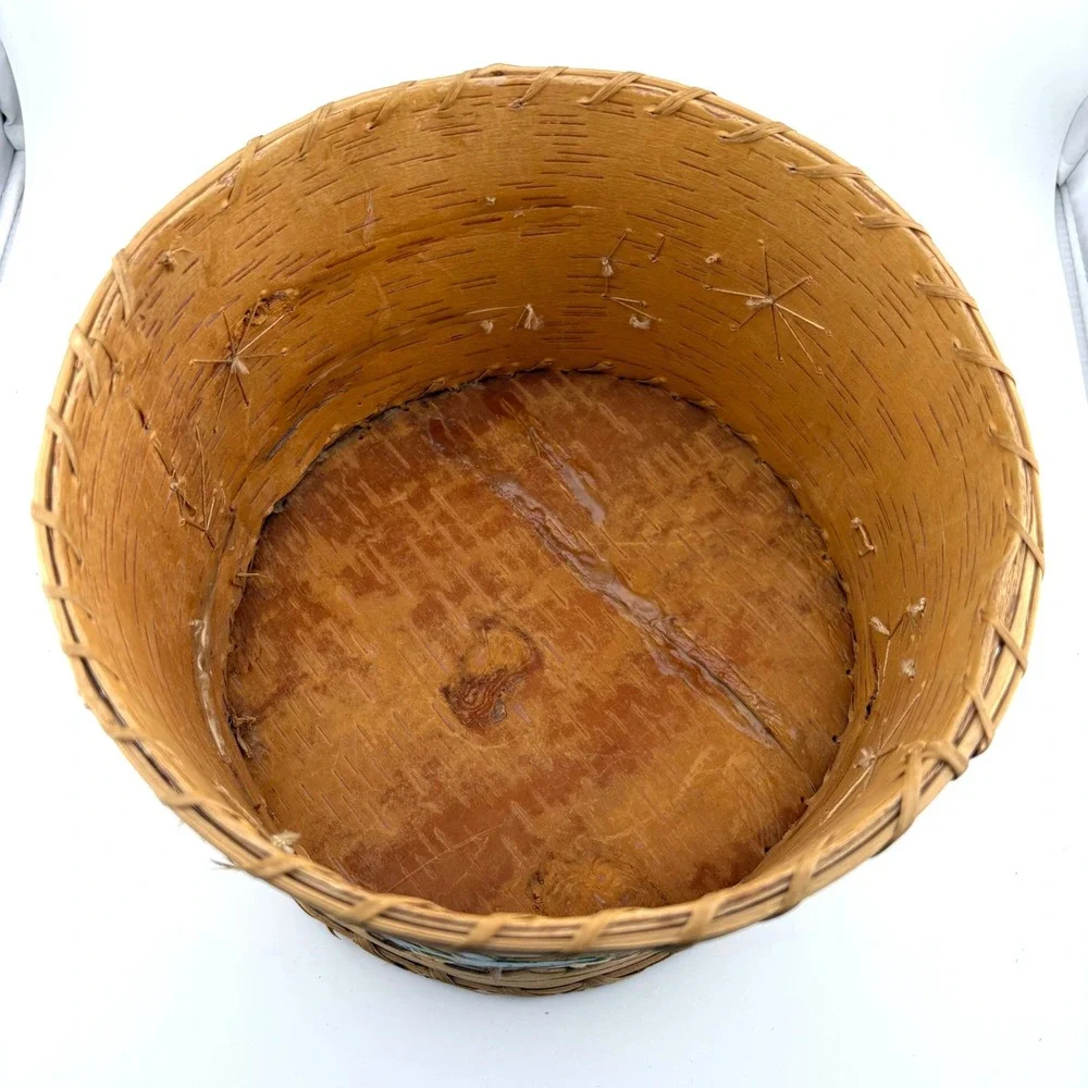 Vintage Handcrafted Birch Bark Floral Applique Storage Box with Lid Rustic Folk